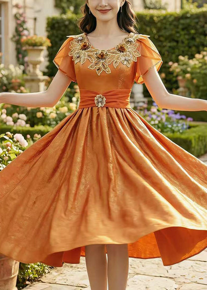 Women Orange Embroidered Exra Large Hem Silk Long Dresses Summer