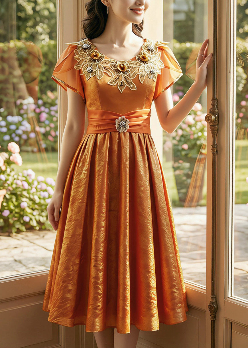Women Orange Embroidered Exra Large Hem Silk Long Dresses Summer