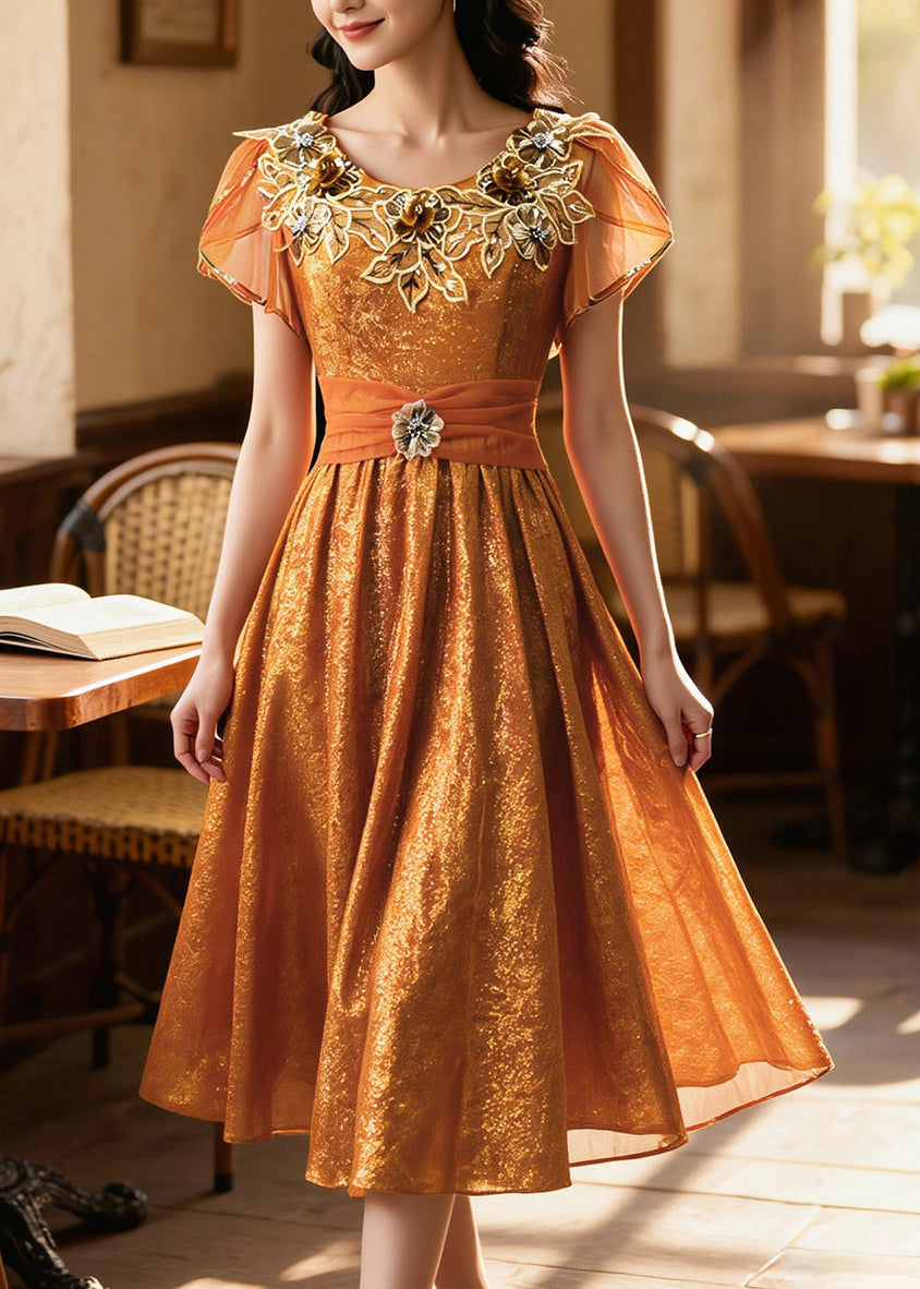Women Orange Embroidered Exra Large Hem Silk Long Dresses Summer