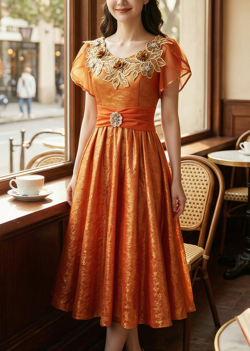 Women Orange Embroidered Exra Large Hem Silk Long Dresses Summer