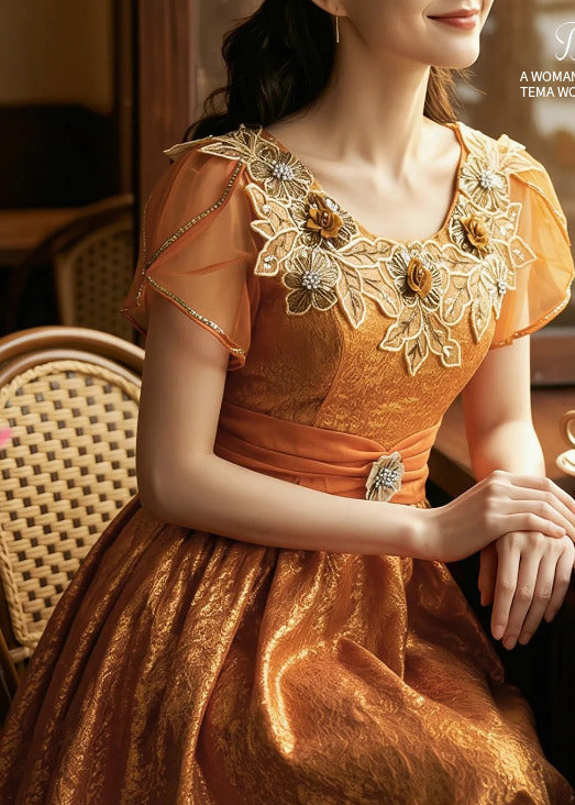Women Orange Embroidered Exra Large Hem Silk Long Dresses Summer