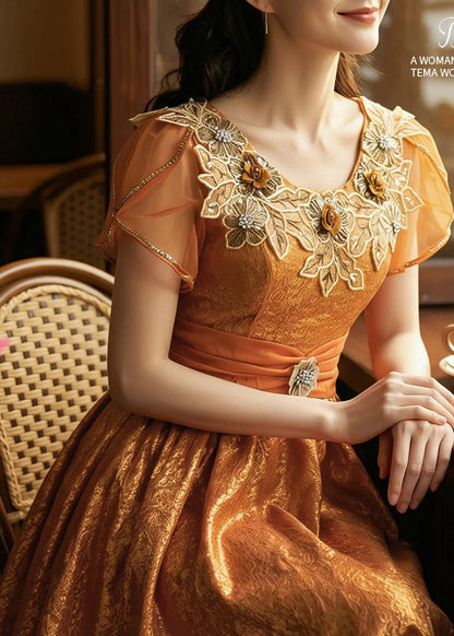 Women Orange Embroidered Exra Large Hem Silk Long Dresses Summer