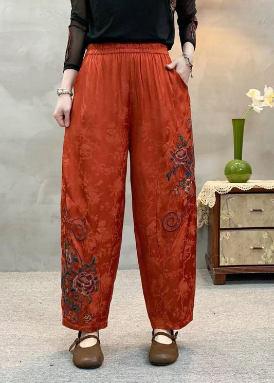 Women Orange Embroidered Jacquard Pockets Silk Harem Pants Spring