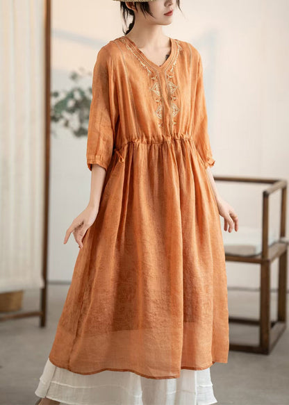 Women Orange Embroidered Patchwork Linen Dresses Summer