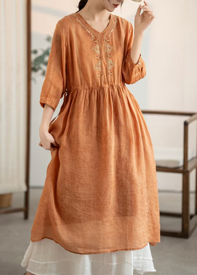 Women Orange Embroidered Patchwork Linen Dresses Summer