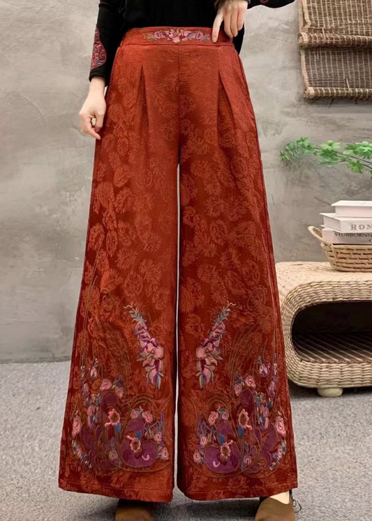 Women Orange Embroidered Pockets Warm Fleece Pants Trousers Winter