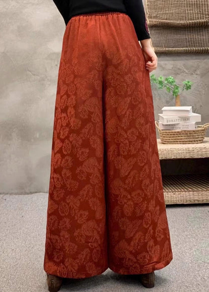 Women Orange Embroidered Pockets Warm Fleece Pants Trousers Winter