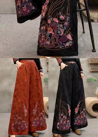 Women Orange Embroidered Pockets Warm Fleece Pants Trousers Winter