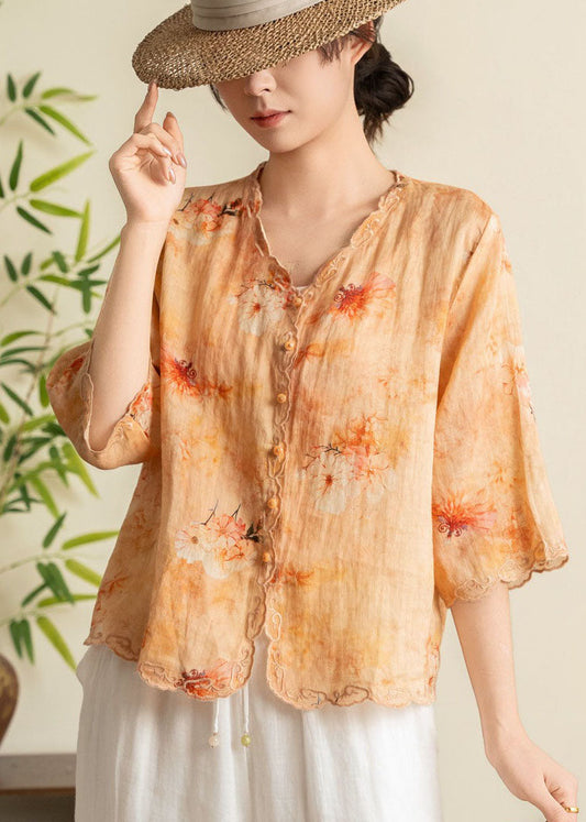 Women Orange Embroidered Print Linen Blouses Summer