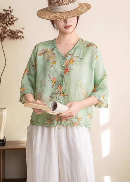 Women Orange Embroidered Print Linen Blouses Summer