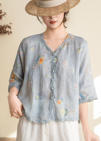 Women Orange Embroidered Print Linen Blouses Summer