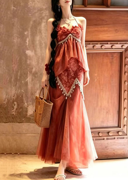Women Orange Halter Print Tassel Patchwork Tulle Two Pieces Set Sleeveless