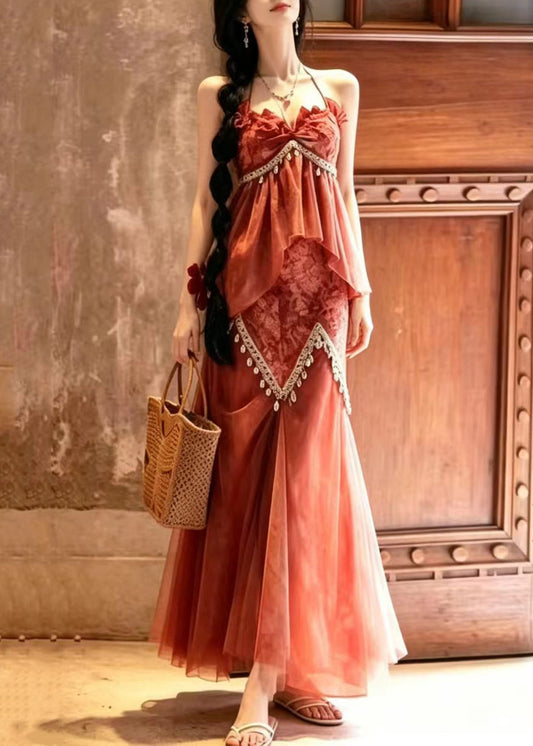 Women Orange Halter Print Tassel Patchwork Tulle Two Pieces Set Sleeveless