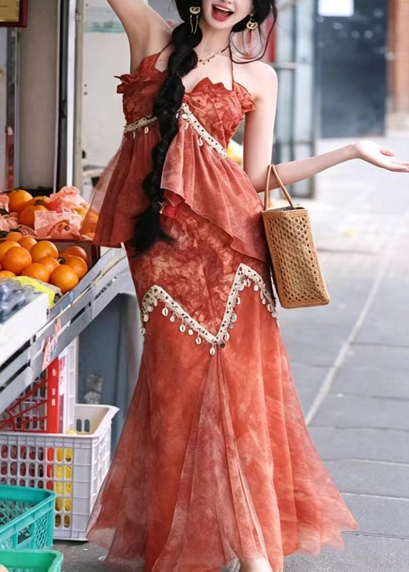 Women Orange Halter Print Tassel Patchwork Tulle Two Pieces Set Sleeveless