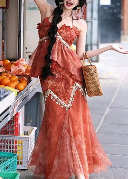 Women Orange Halter Print Tassel Patchwork Tulle Two Pieces Set Sleeveless