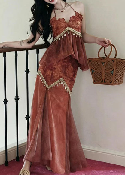 Women Orange Halter Print Tassel Patchwork Tulle Two Pieces Set Sleeveless