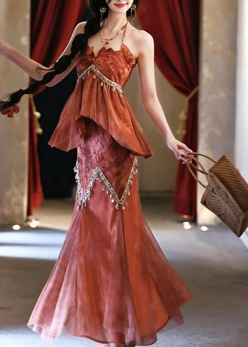 Women Orange Halter Print Tassel Patchwork Tulle Two Pieces Set Sleeveless