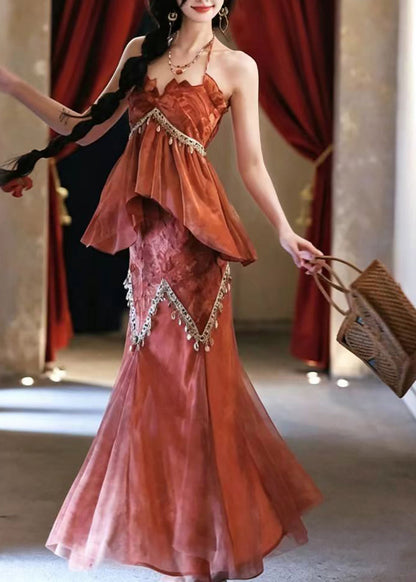 Women Orange Halter Print Tassel Patchwork Tulle Two Pieces Set Sleeveless