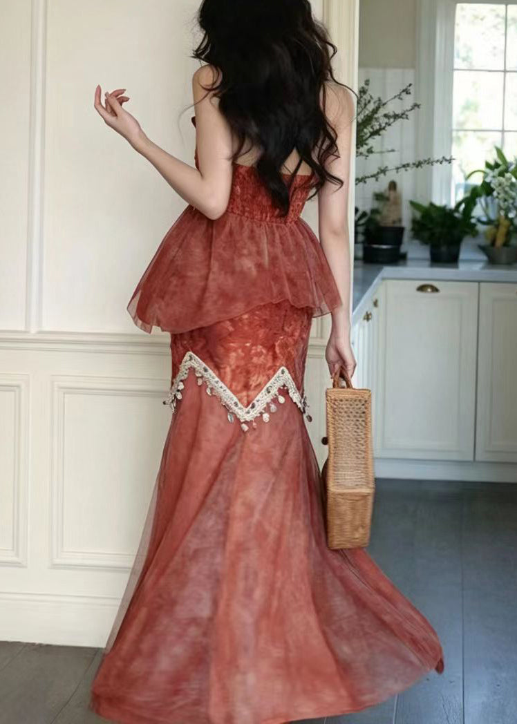 Women Orange Halter Print Tassel Patchwork Tulle Two Pieces Set Sleeveless
