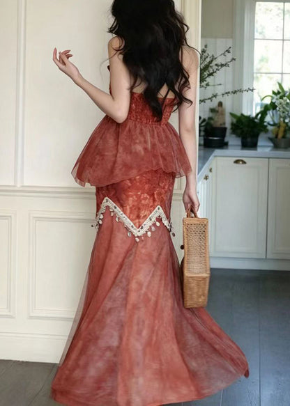 Women Orange Halter Print Tassel Patchwork Tulle Two Pieces Set Sleeveless