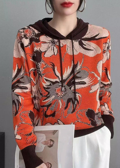 Women Orange Hooded Patchwork Cozy Knit Sweaters Long Sleeve