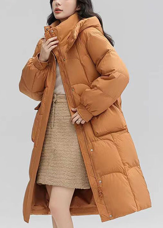 Women Orange Hooded Pockets Patchwork Duck Down Long Coat Winter