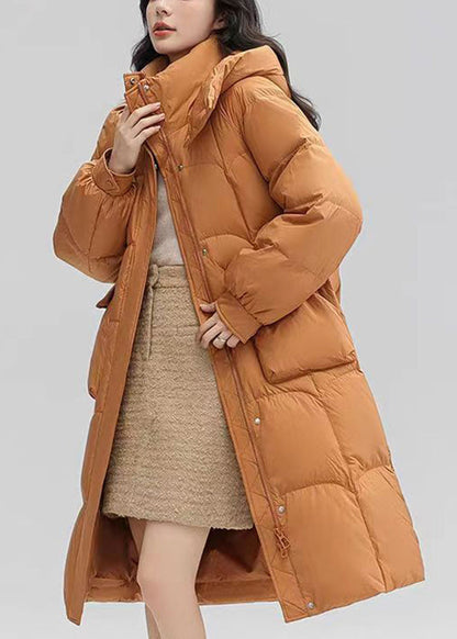 Women Orange Hooded Pockets Patchwork Duck Down Long Coat Winter
