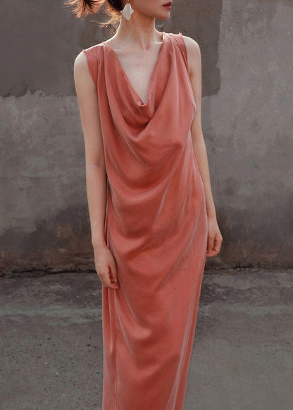 Women Orange Lace Up Solid Silk Long Dresses Sleeveless
