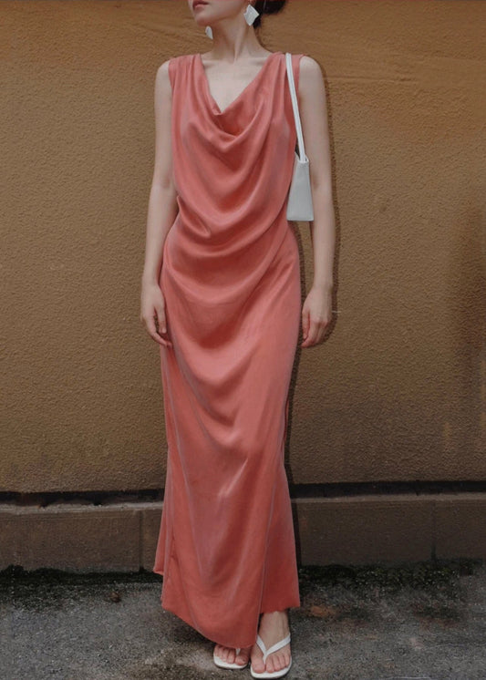 Women Orange Lace Up Solid Silk Long Dresses Sleeveless