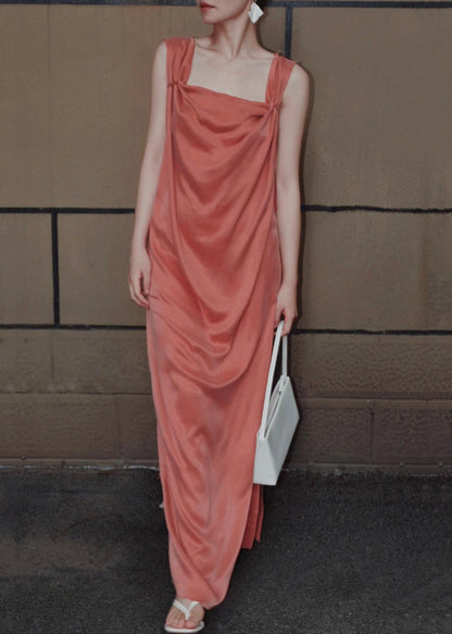 Women Orange Lace Up Solid Silk Long Dresses Sleeveless