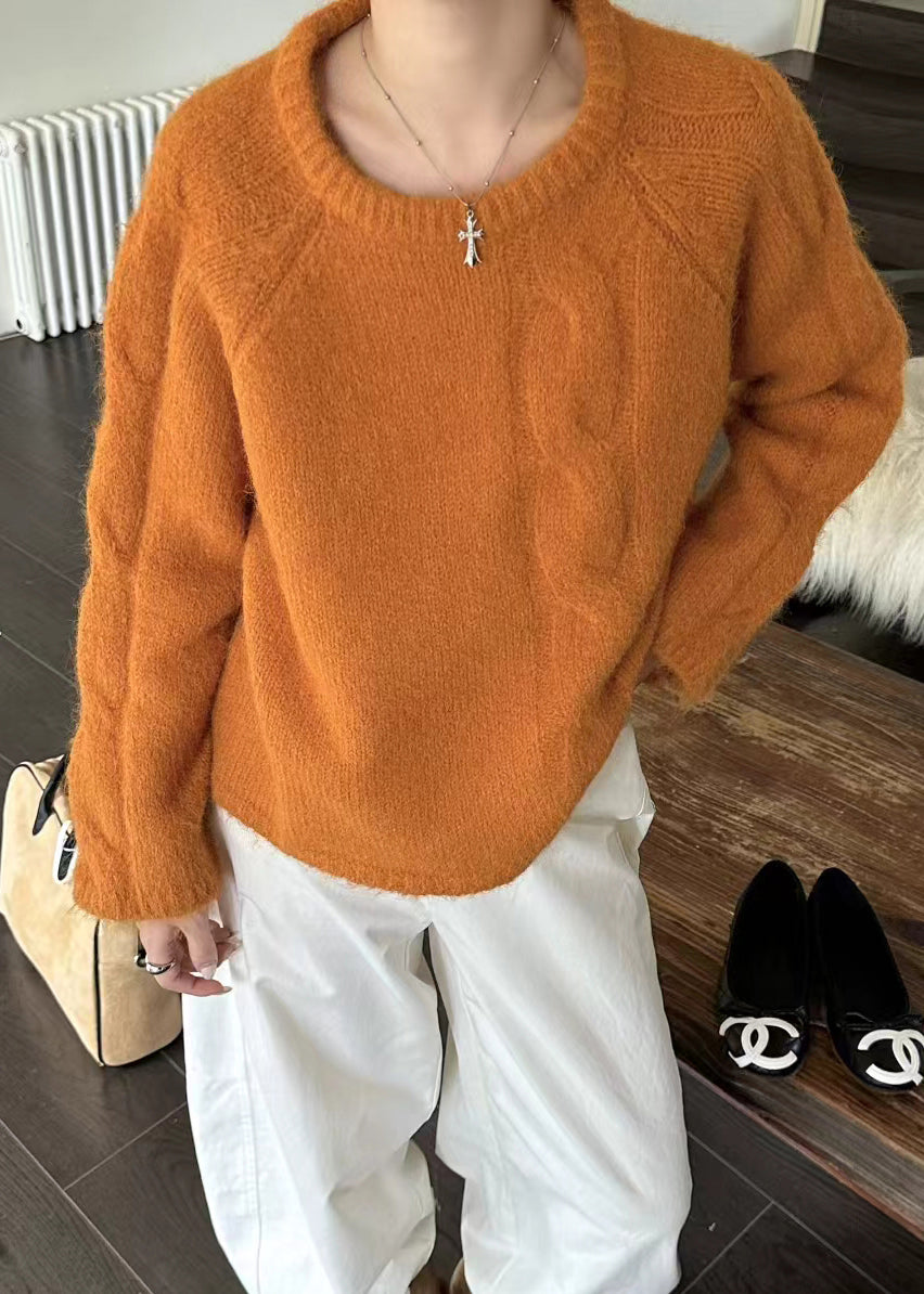 Women Orange O-Neck Oversized Thick Knit Sweater Winter