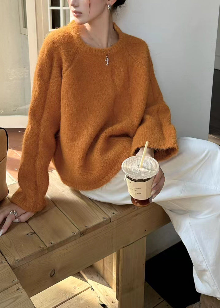 Women Orange O-Neck Oversized Thick Knit Sweater Winter