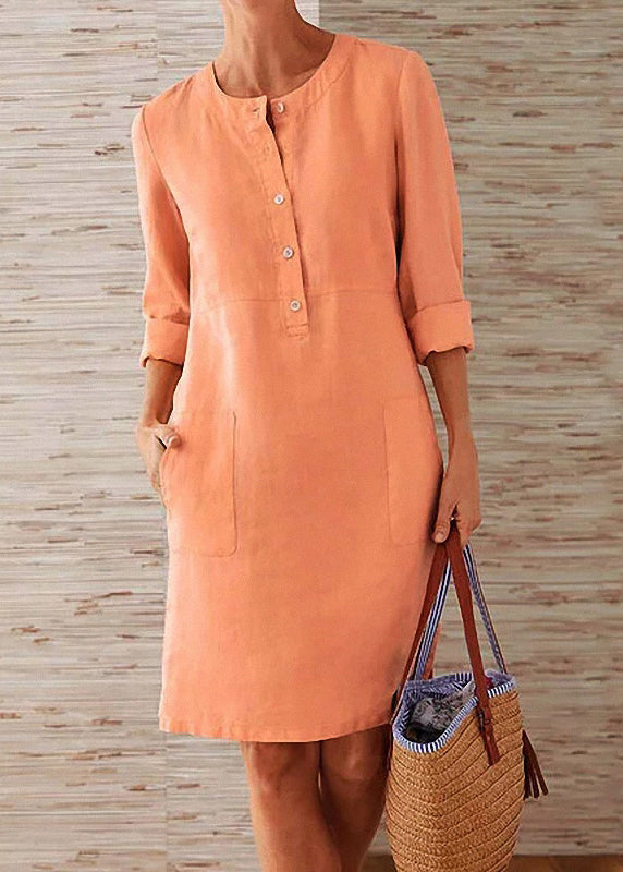 Women Orange O Neck Pockets Cotton Dress Fall