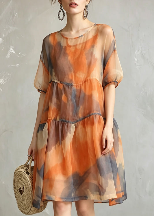 Women Orange O-Neck Tulle Long Dress And Vest Two-Piece Set Summer
