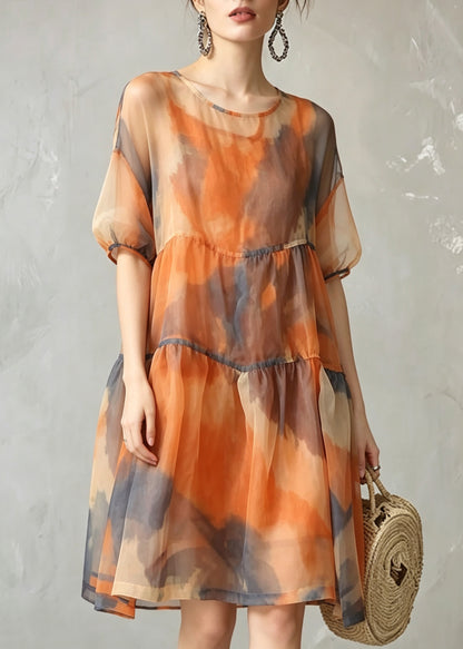 Women Orange O-Neck Tulle Long Dress And Vest Two-Piece Set Summer