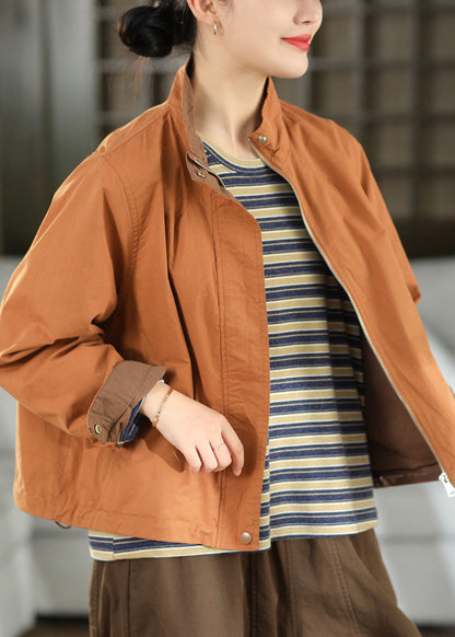 Women Orange Oversized Drawstring Cotton Coats Fall