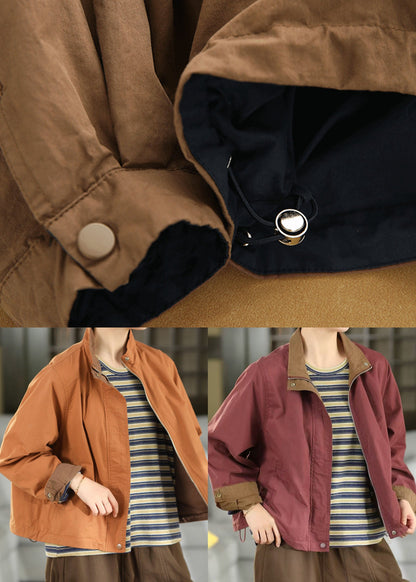 Women Orange Oversized Drawstring Cotton Coats Fall