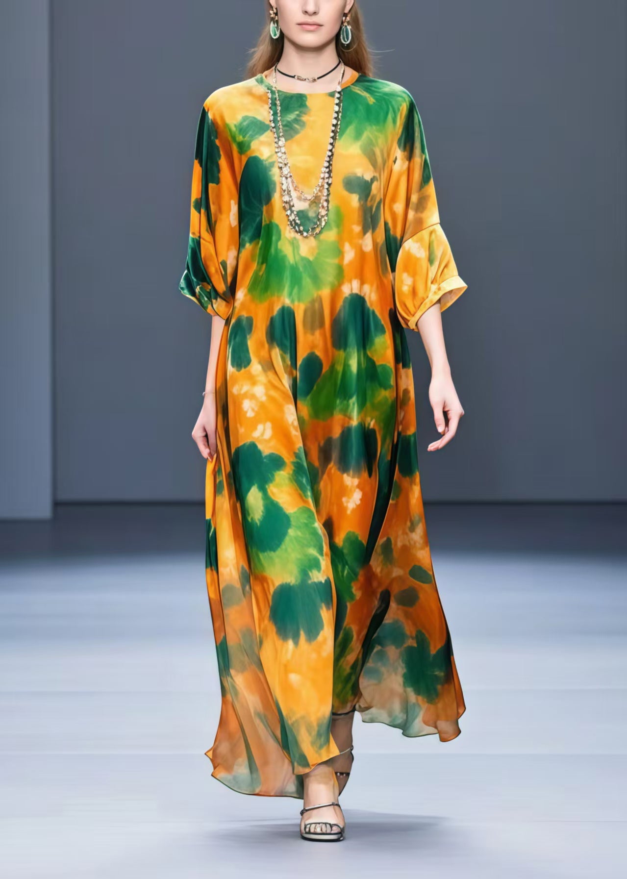 Women Orange Oversized Leaf Print Chiffon Dress Half Sleeve