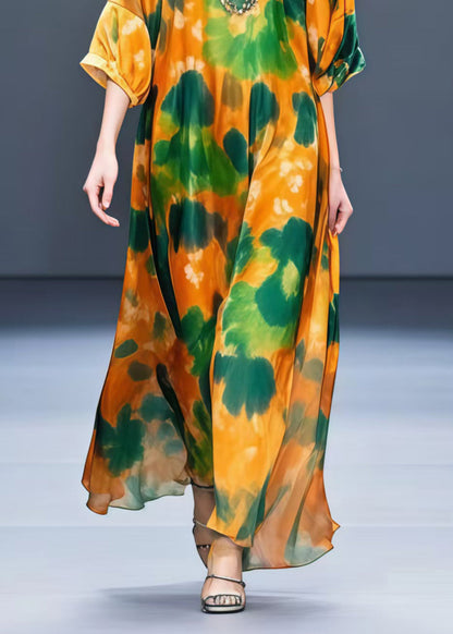 Women Orange Oversized Leaf Print Chiffon Dress Half Sleeve
