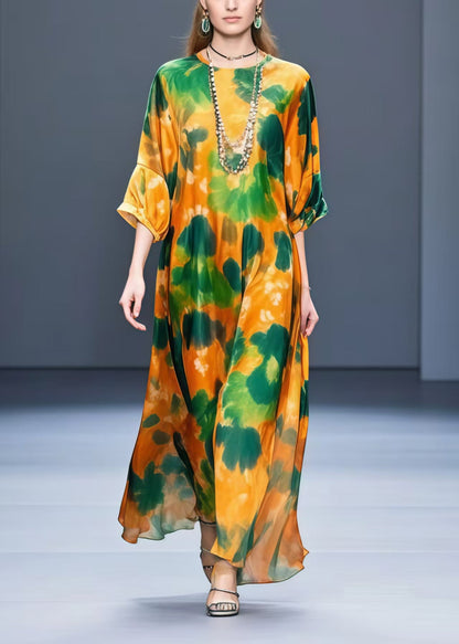 Women Orange Oversized Leaf Print Chiffon Dress Half Sleeve