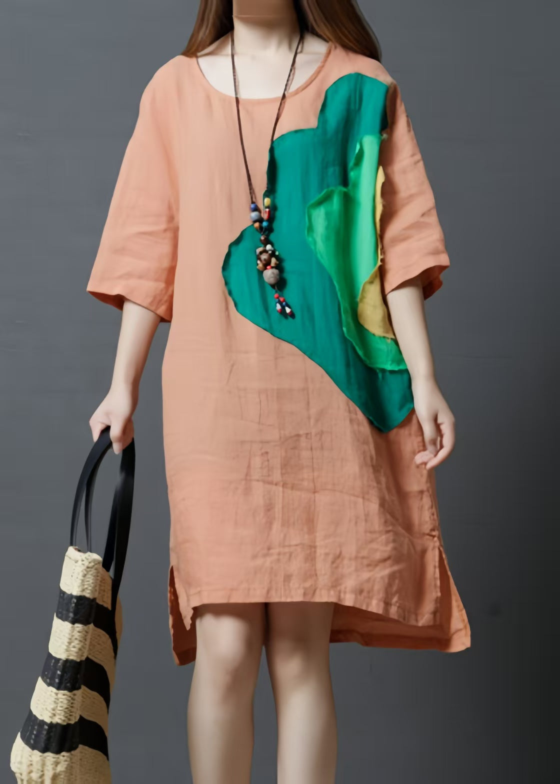 Women Orange Oversized Patchwork Cotton Vacation Dress Summer