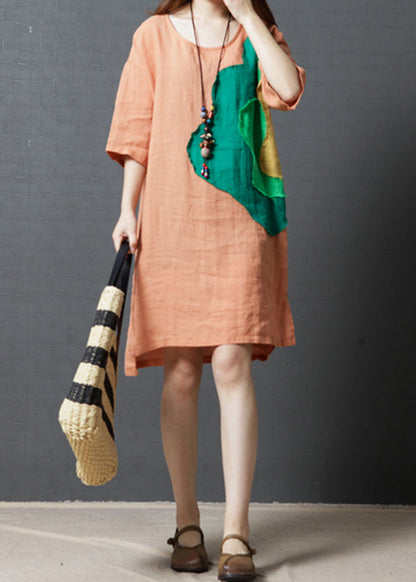 Women Orange Oversized Patchwork Cotton Vacation Dress Summer