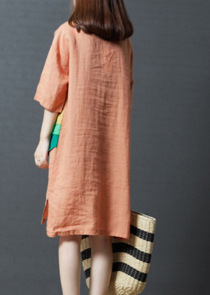 Women Orange Oversized Patchwork Cotton Vacation Dress Summer
