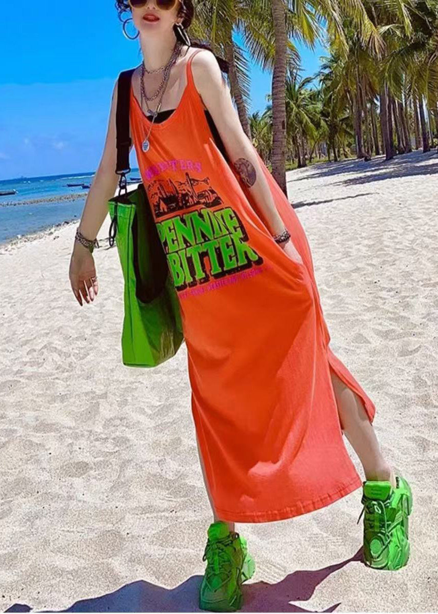 Women Orange Oversized Print Cotton Vacation Sundresses Summer