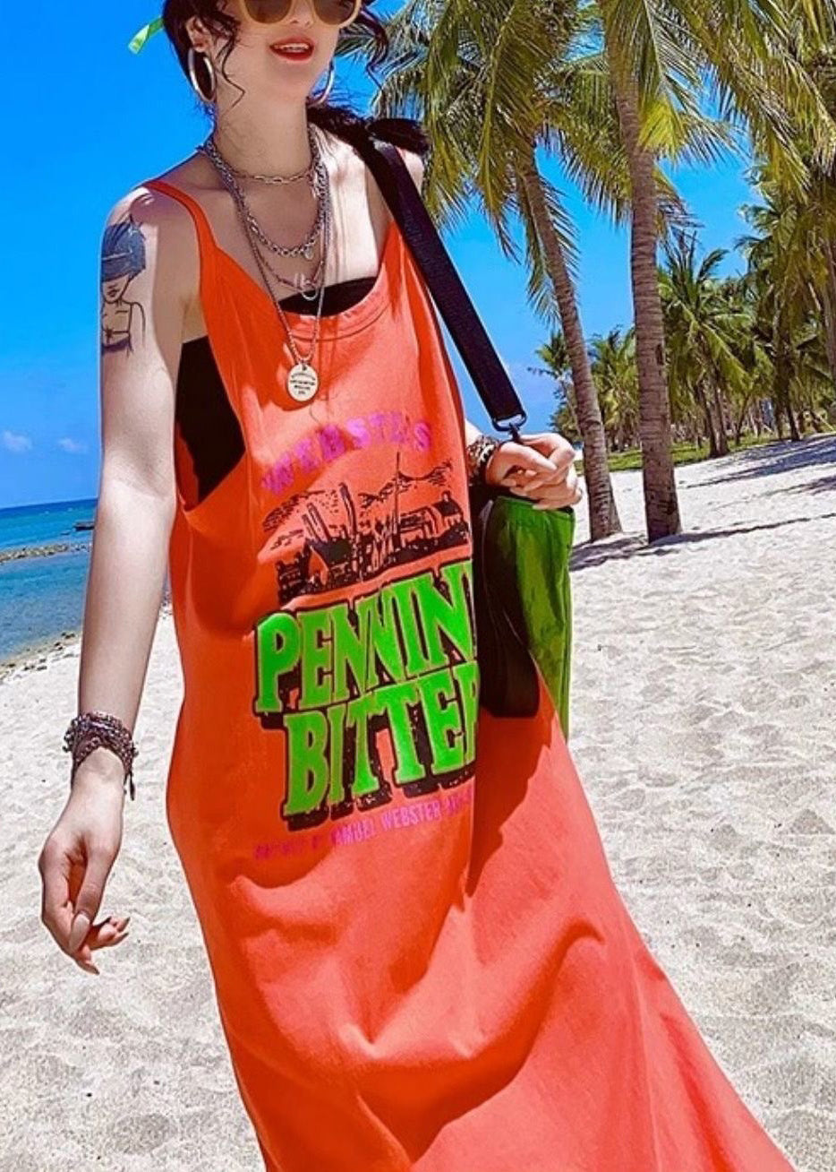 Women Orange Oversized Print Cotton Vacation Sundresses Summer