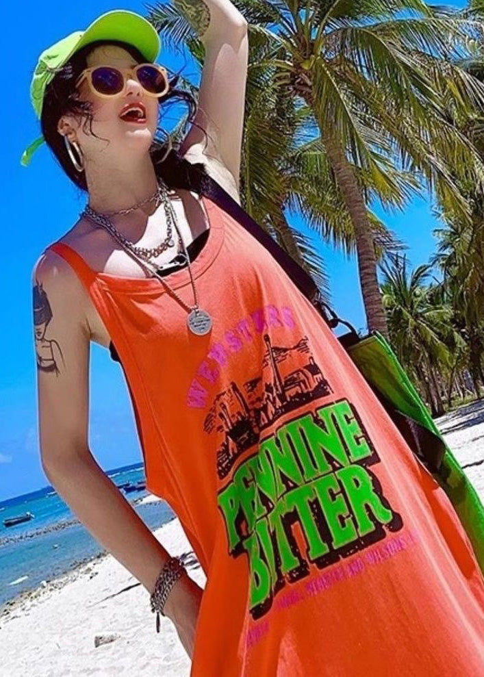 Women Orange Oversized Print Cotton Vacation Sundresses Summer