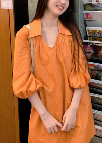Women Orange Peter Pan Collar Wrinkled Cotton Shirts Dresses Lantern Sleeve