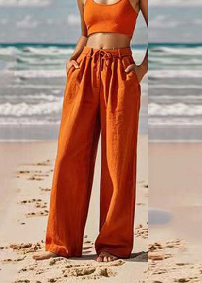 Women Orange Pockets Tie Waist Wide Leg Pants Summer