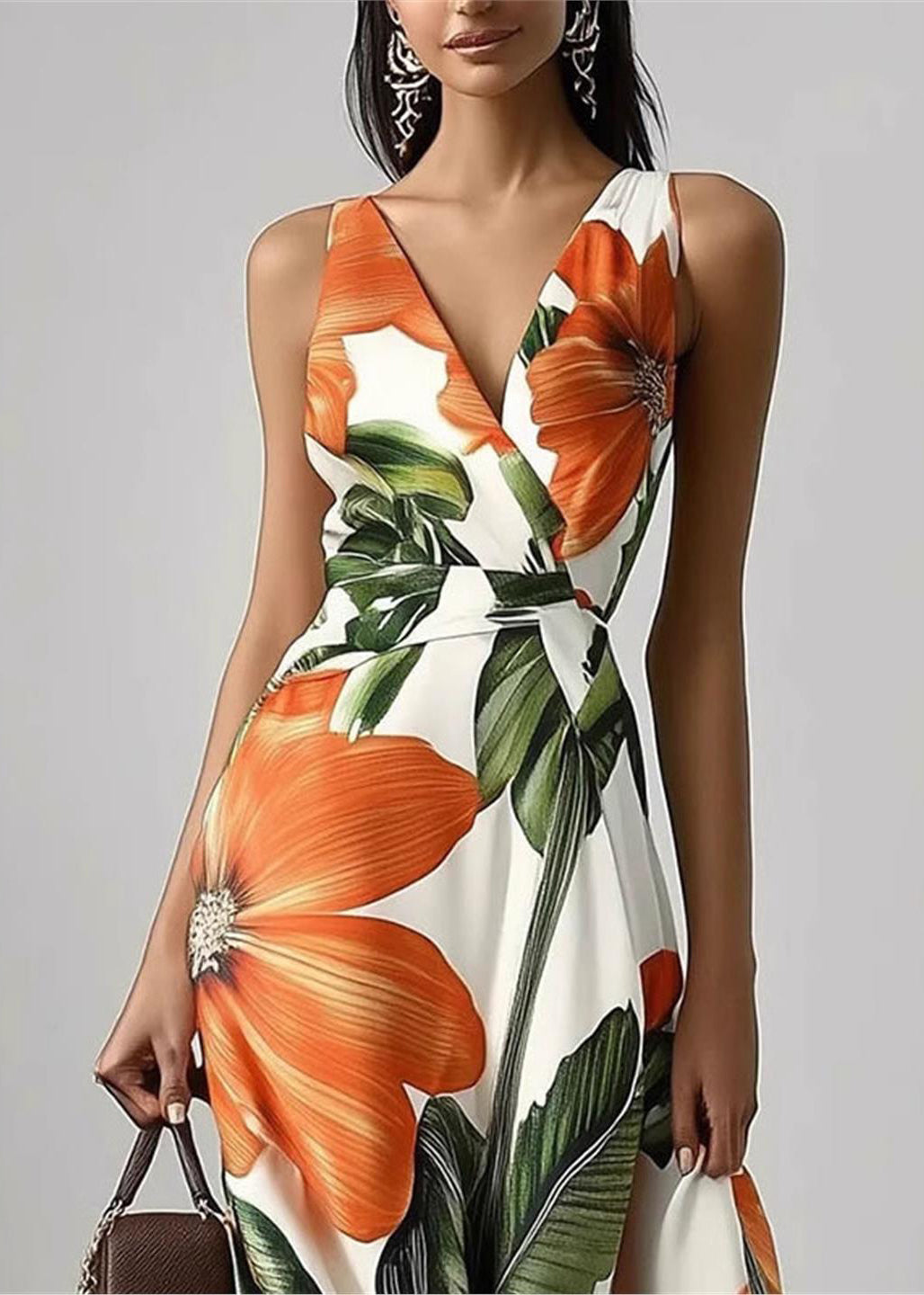 Women Orange Print Exra Large Hem Chiffon Party Dresses Summer