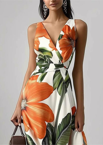 Women Orange Print Exra Large Hem Chiffon Party Dresses Summer